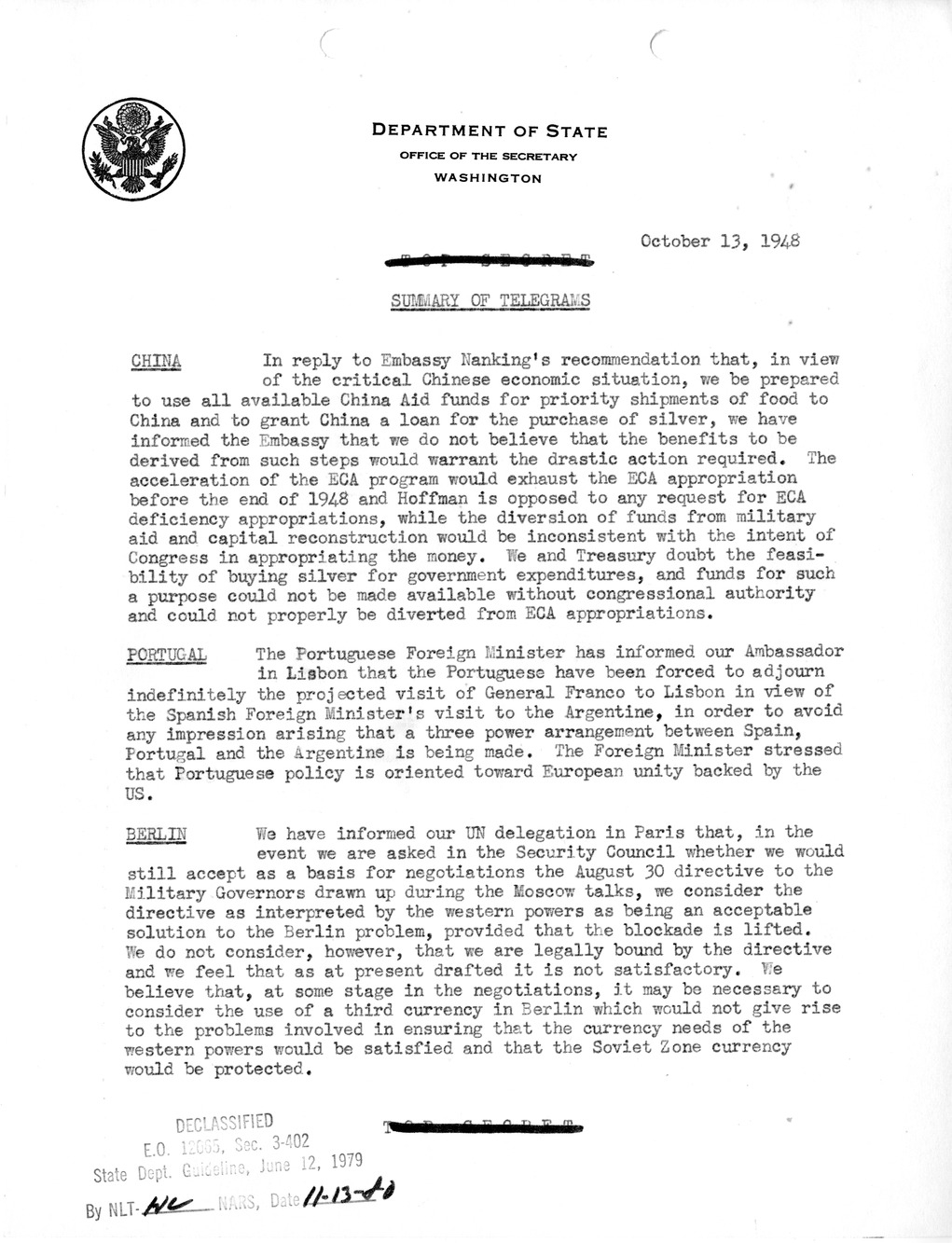 Memorandum, Department of State Summary of Telegrams