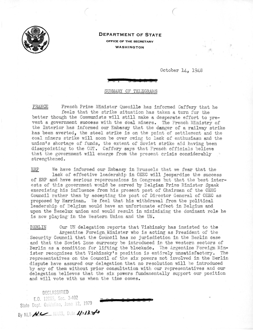 Memorandum, Department of State Summary of Telegrams