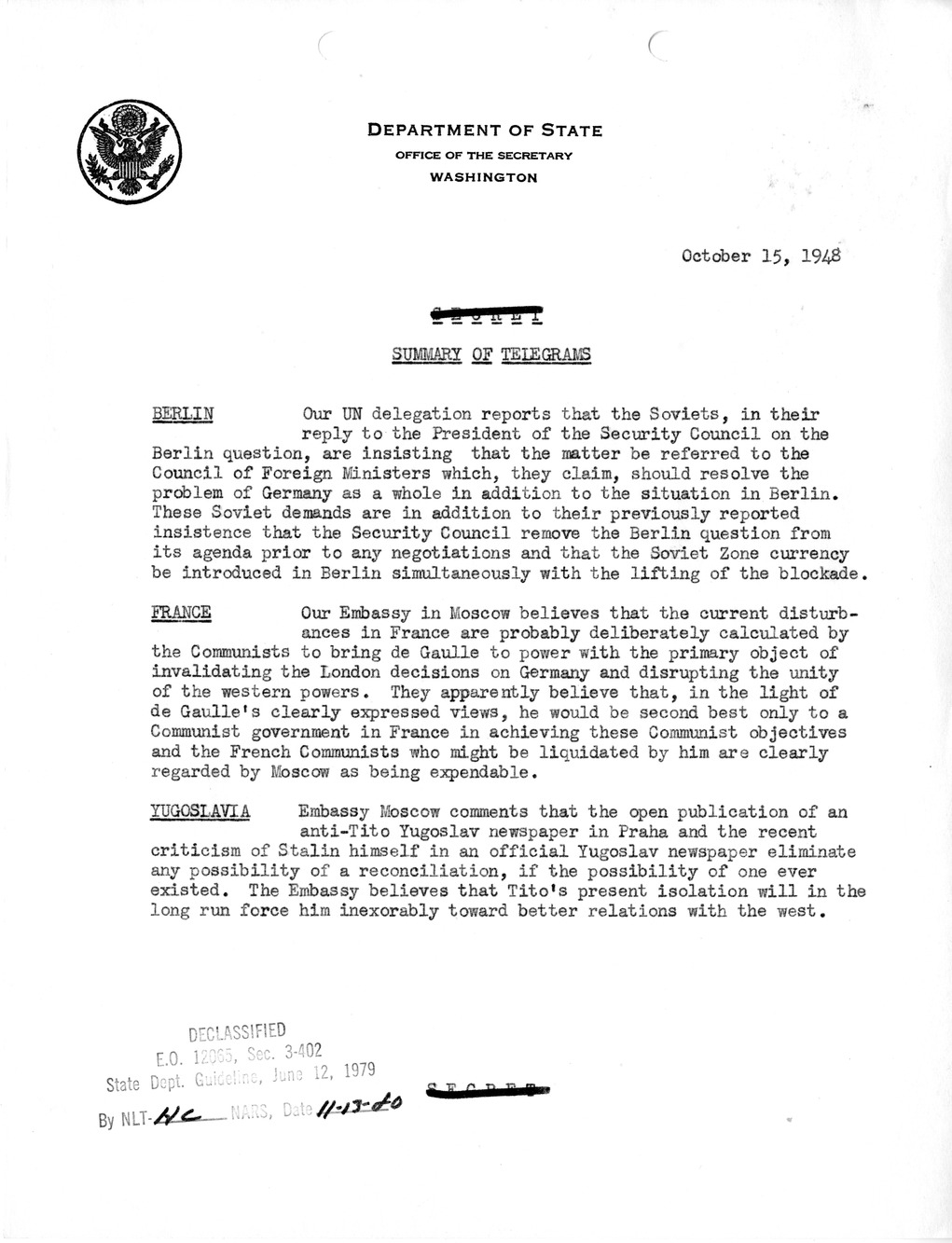 Memorandum, Department of State Summary of Telegrams