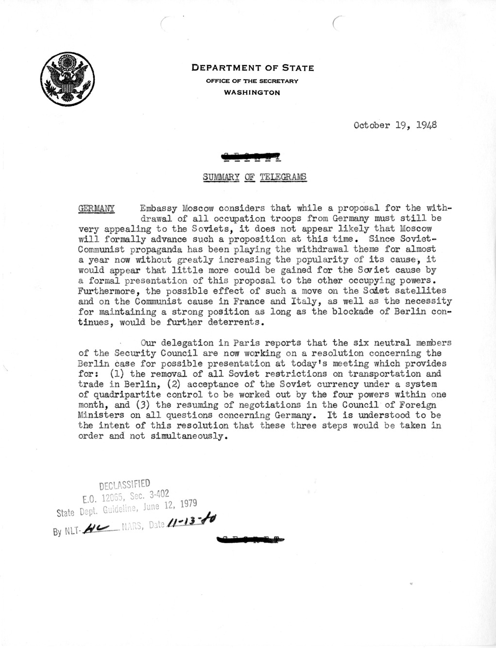 Memorandum, Department of State Summary of Telegrams