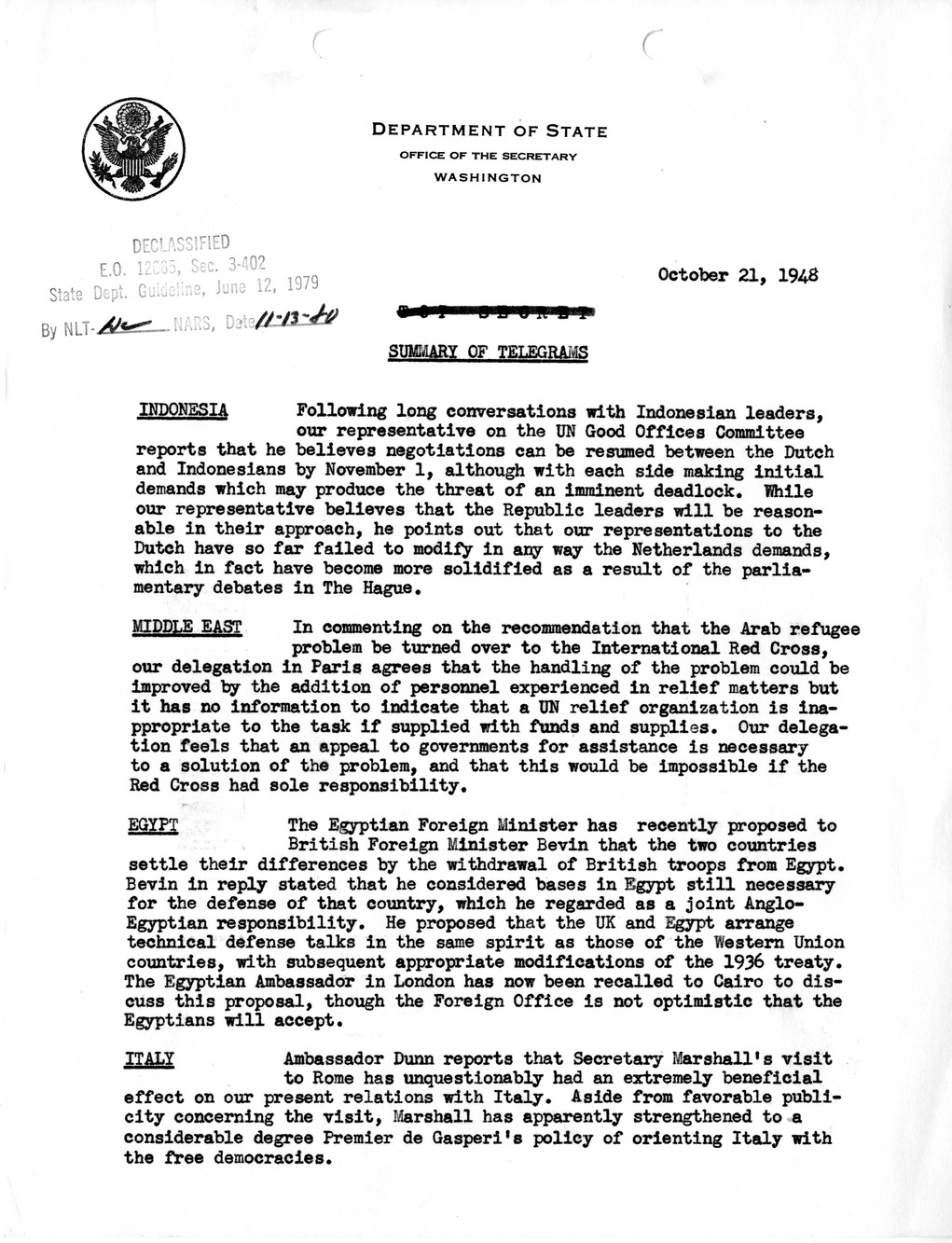 Memorandum, Department of State Summary of Telegrams