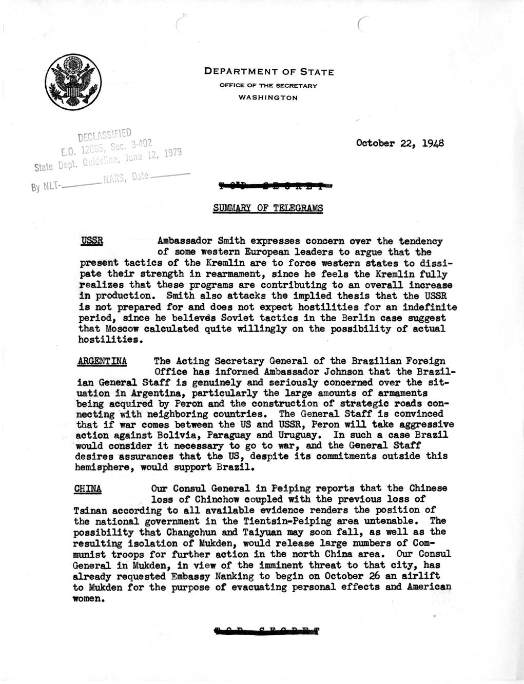 Memorandum, State Department Summary of Telegrams