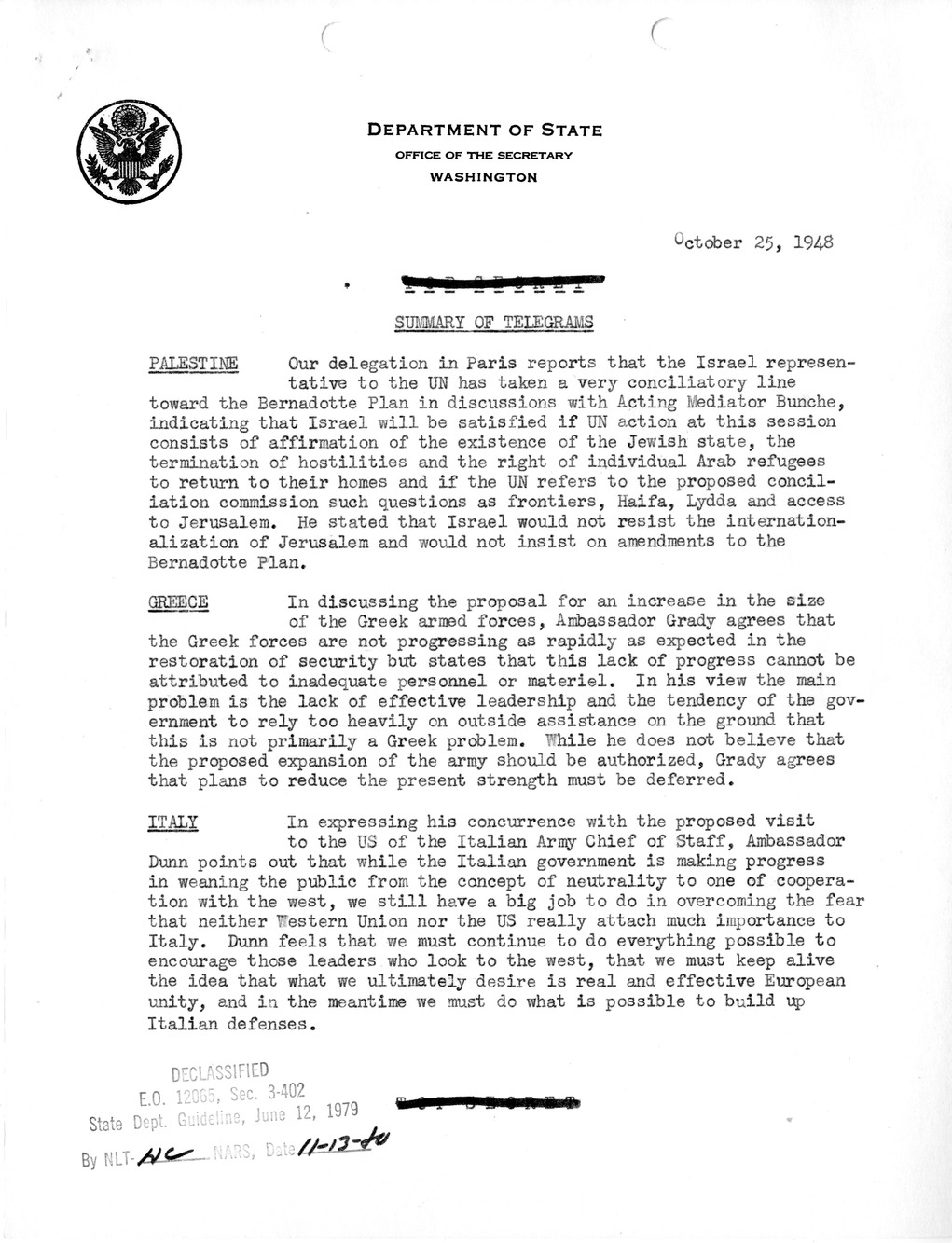 Memorandum, State Department Summary of Telegrams