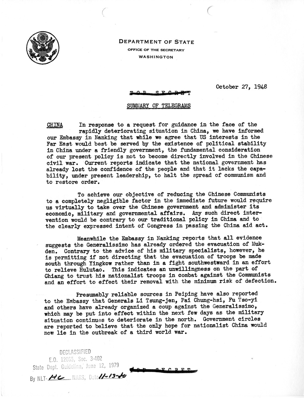 Memorandum, State Department Summary of Telegrams