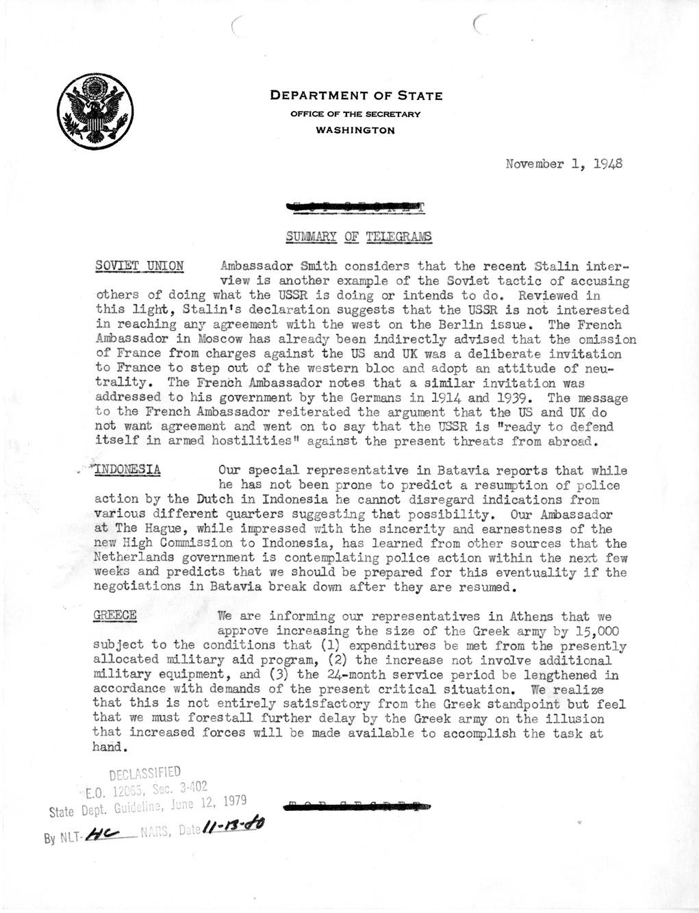 Memorandum, Department of State Summary of Telegrams