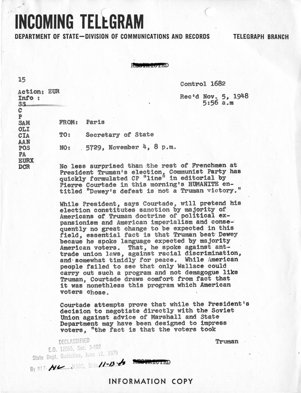Telegram from Ambassador Jefferson Caffery to Secretary of State George Marshall