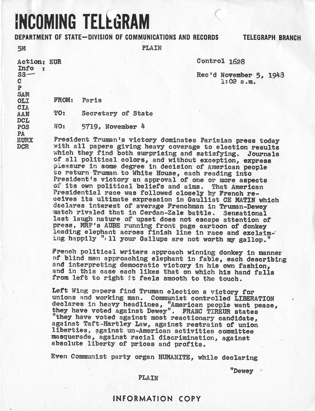 Telegram from Ambassador Jefferson Caffery to Secretary of State George Marshall