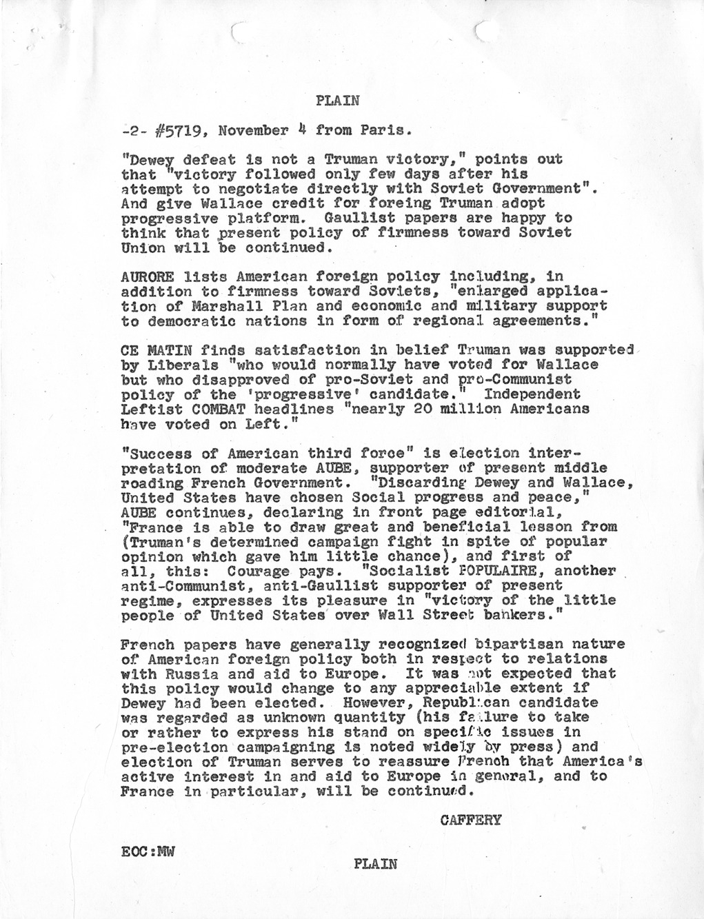 Telegram from Ambassador Jefferson Caffery to Secretary of State George Marshall