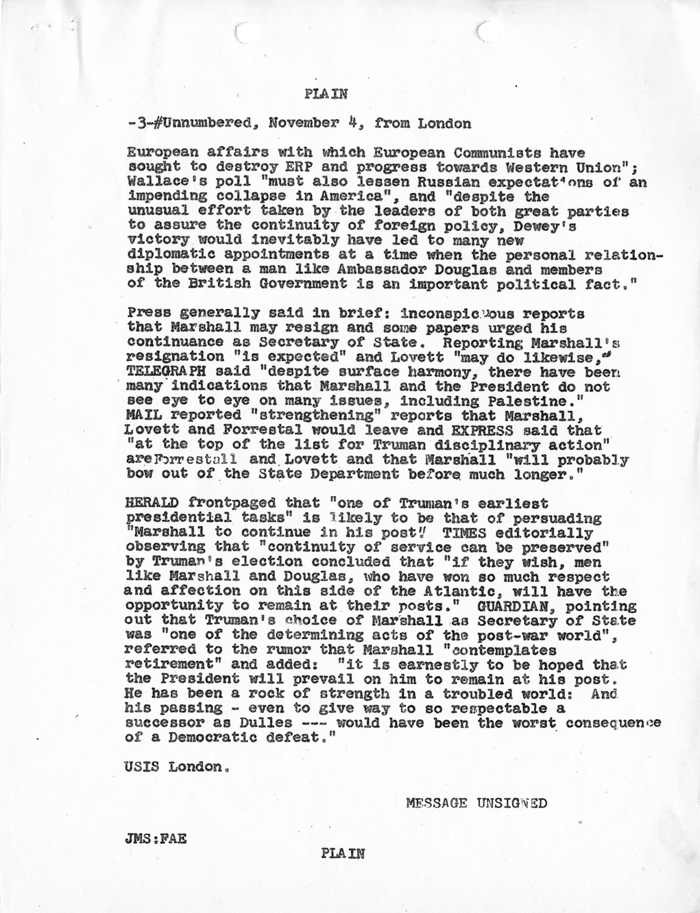 Telegram from Embassy London to Secretary of State George Marshall