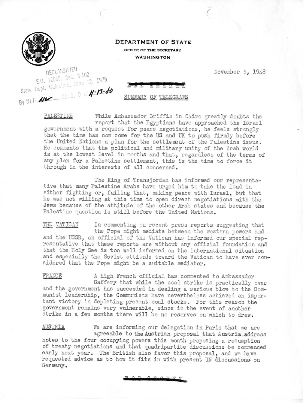 Memorandum, State Department Summary of Telegrams