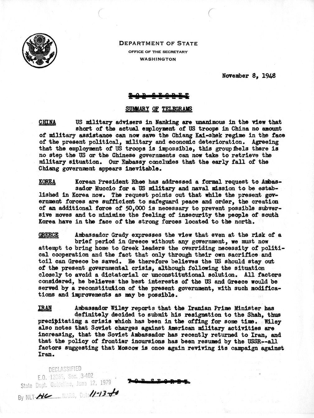 Memorandum, Department of State Summary of Telegrams