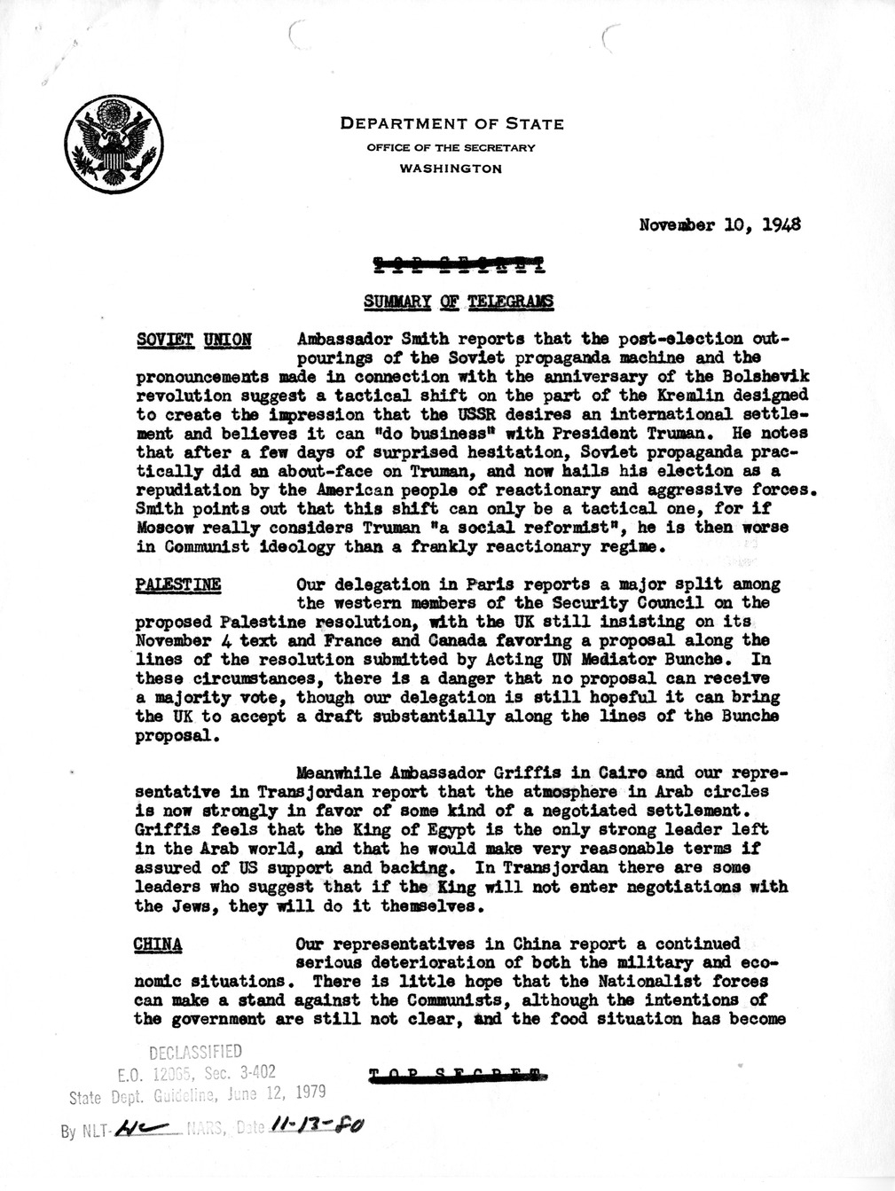 Memorandum, Department of State Summary of Telegrams