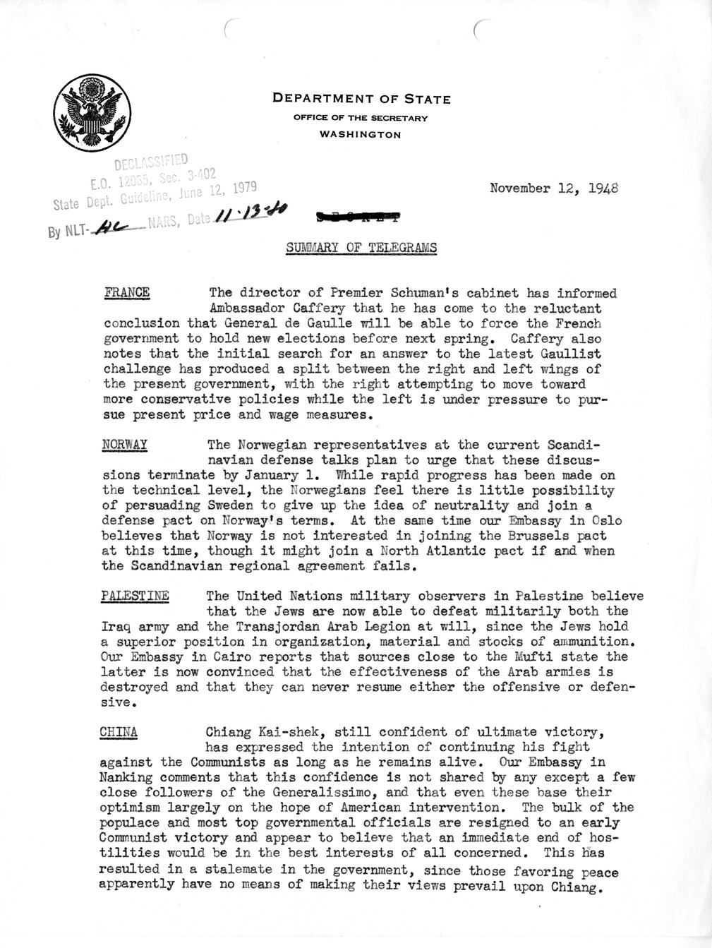 Memorandum, Department of State Summary of Telegrams