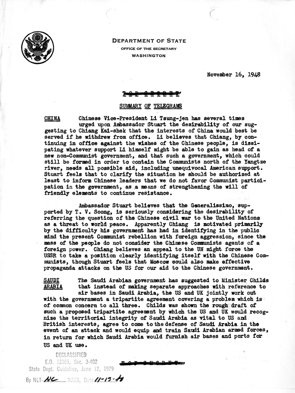 Memorandum, Department of State Summary of Telegrams