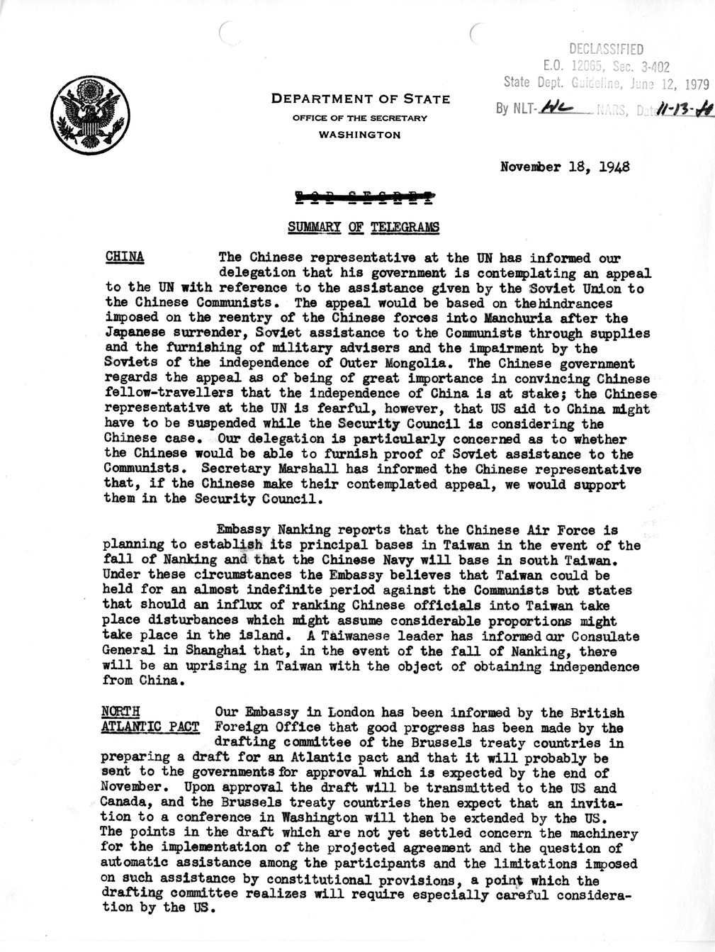 Memorandum, Department of State Summary of Telegrams