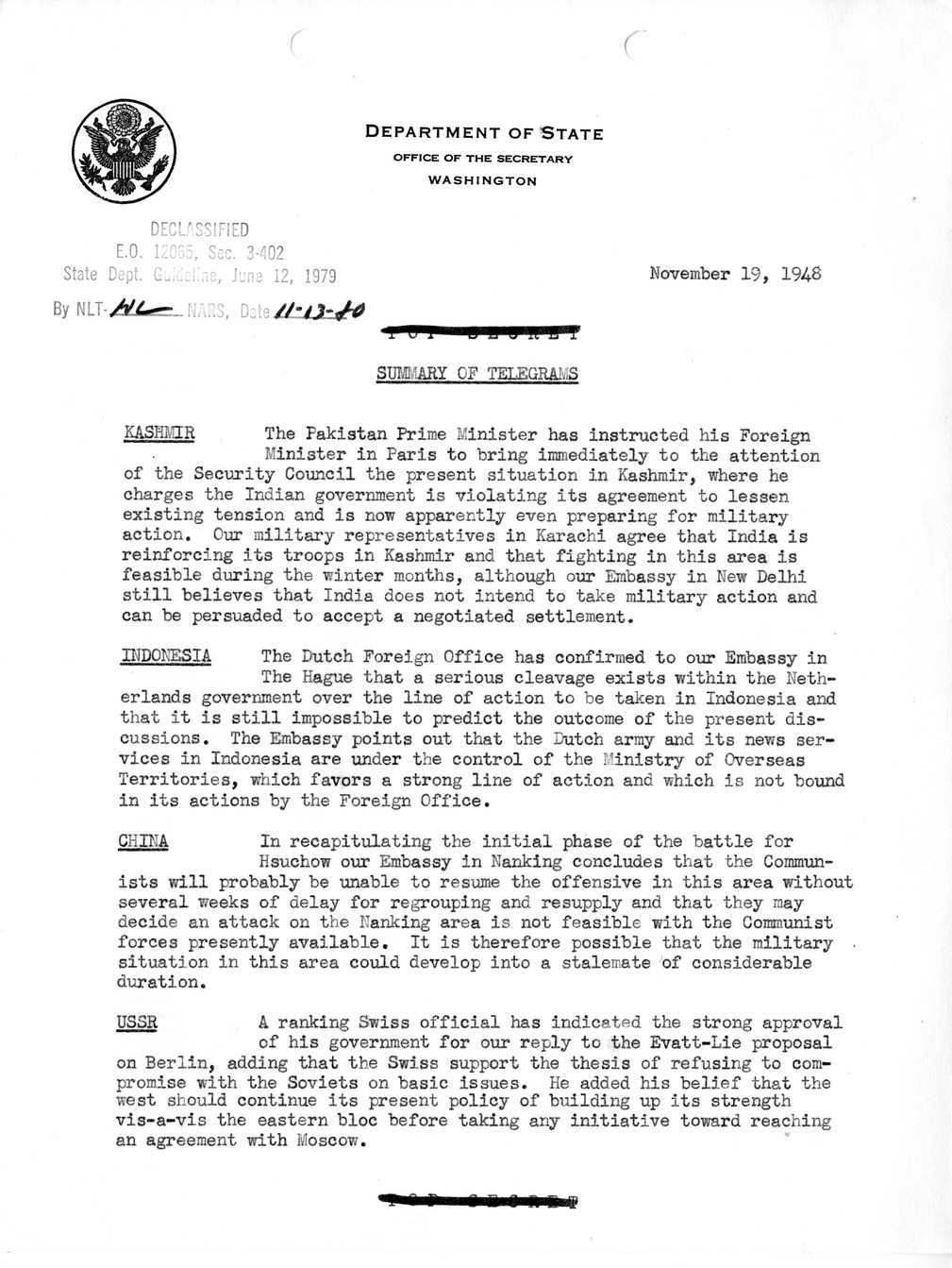 Memorandum, Department of State Summary of Telegrams