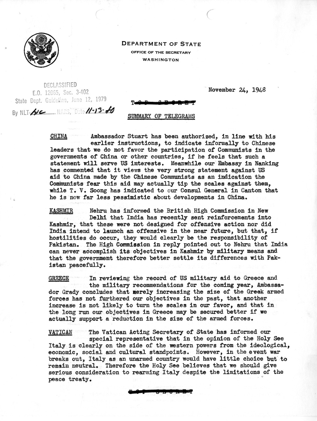 Memorandum, Department of State Summary of Telegrams