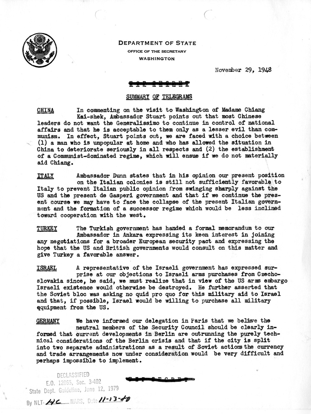 Memorandum, Department of State Summary of Telegrams