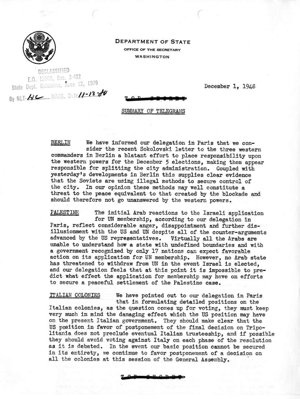 Memorandum, Department of State Summary of Telegrams