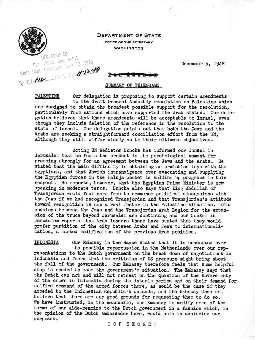 Memorandum, Department of State Summary of Telegrams