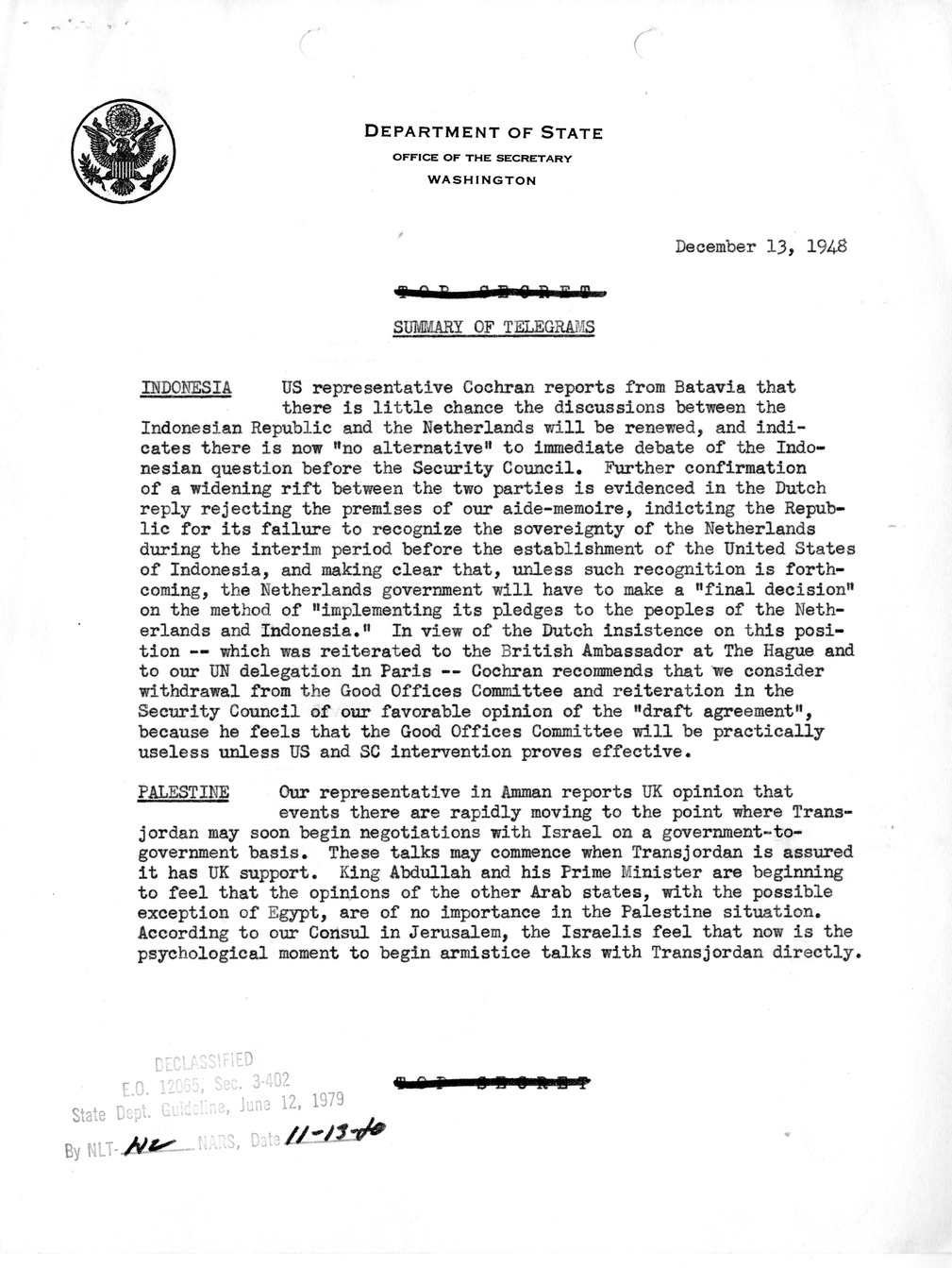 Memorandum, State Department Summary of Telegrams