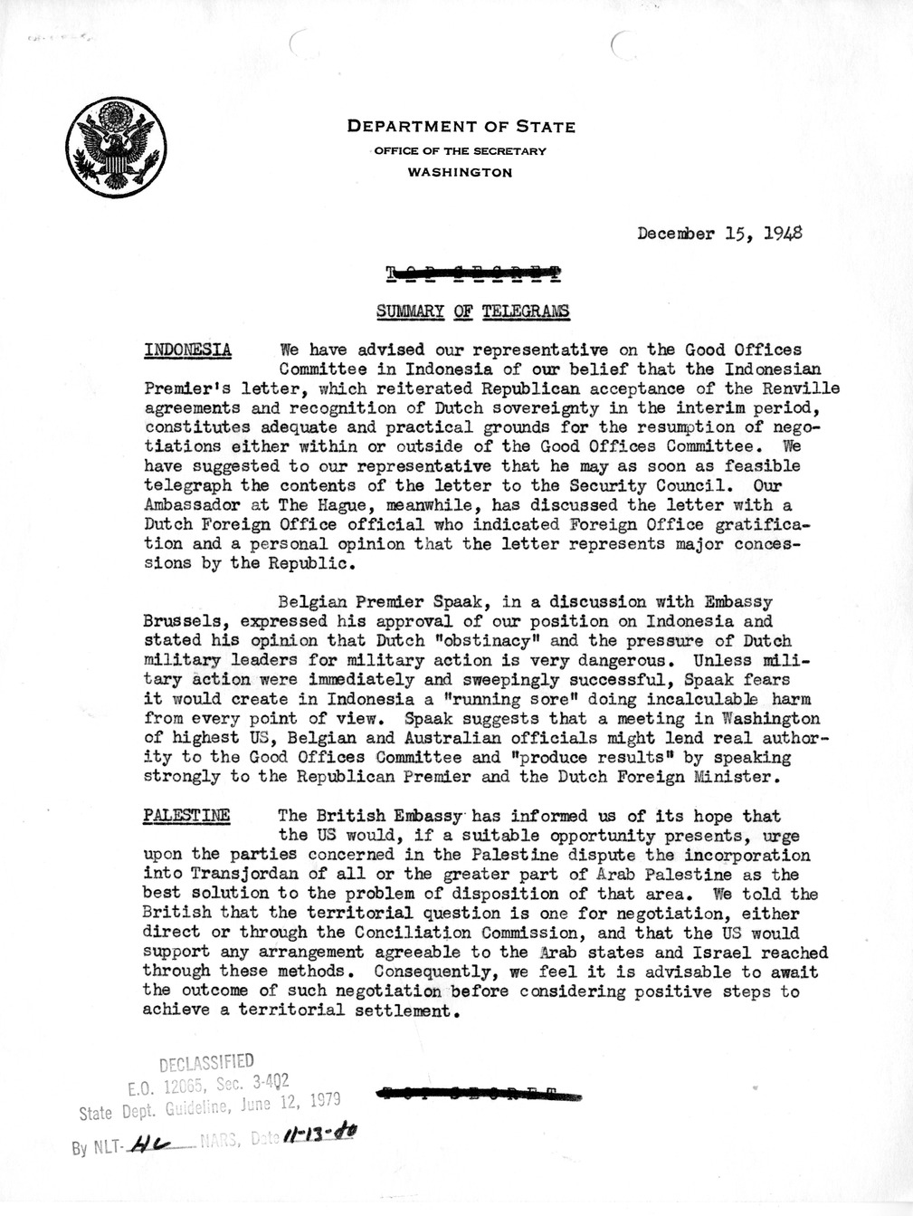 Memorandum, Department of State Summary of Telegrams
