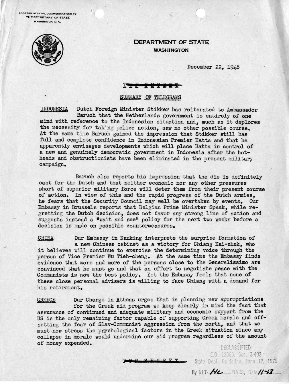 Memorandum, Department of State Summary of Telegrams