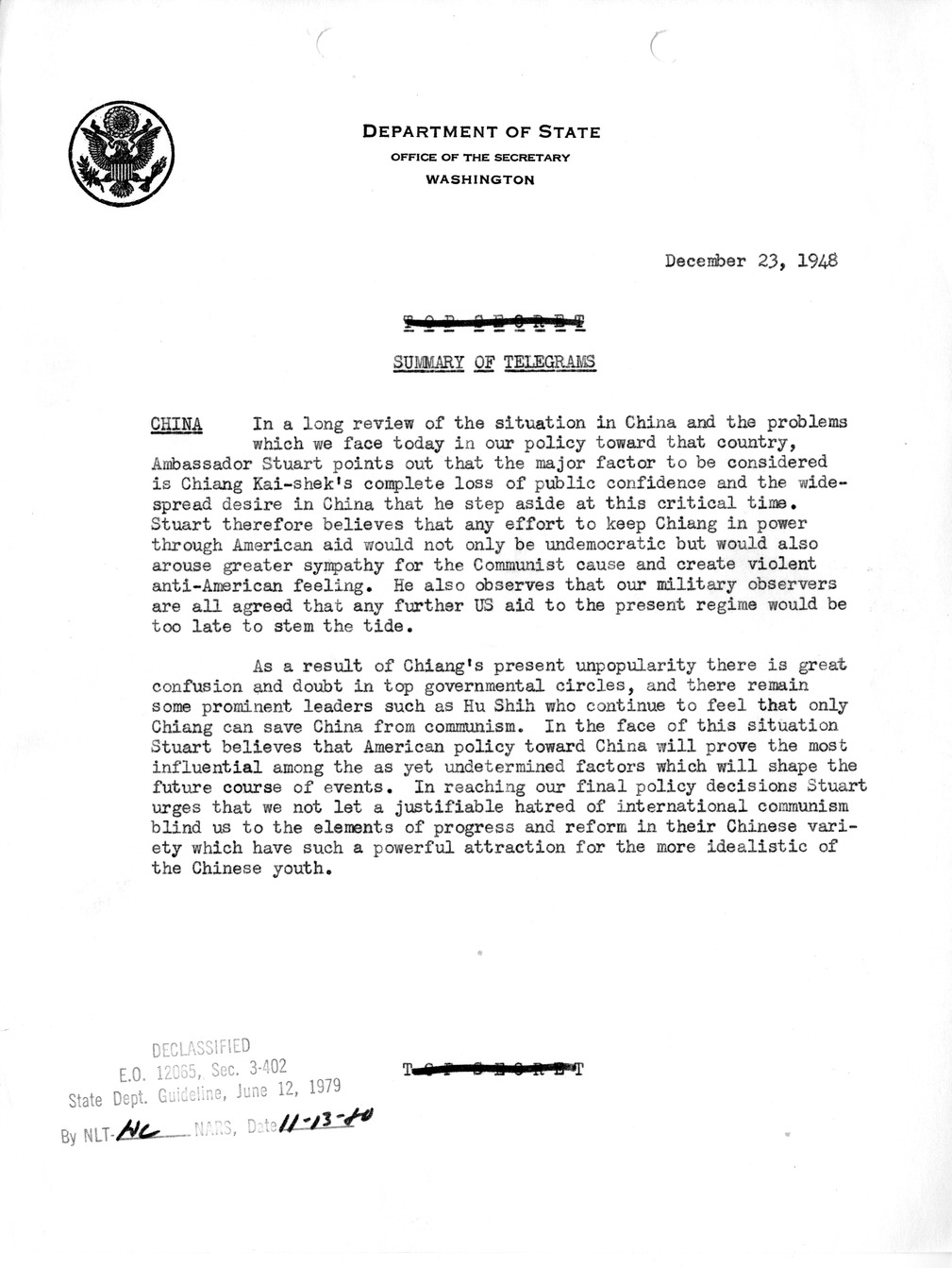 Memorandum, State Department Summary of Telegrams