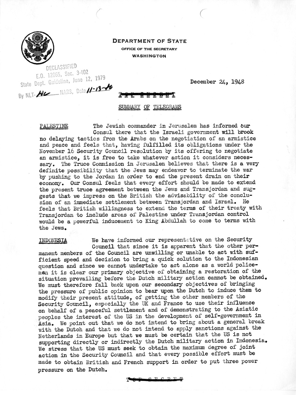 Memorandum, Department of State Summary of Telegrams