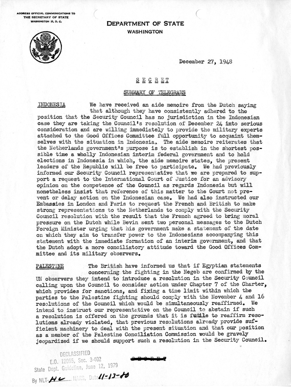Memorandum, Department of State Summary of Telegrams