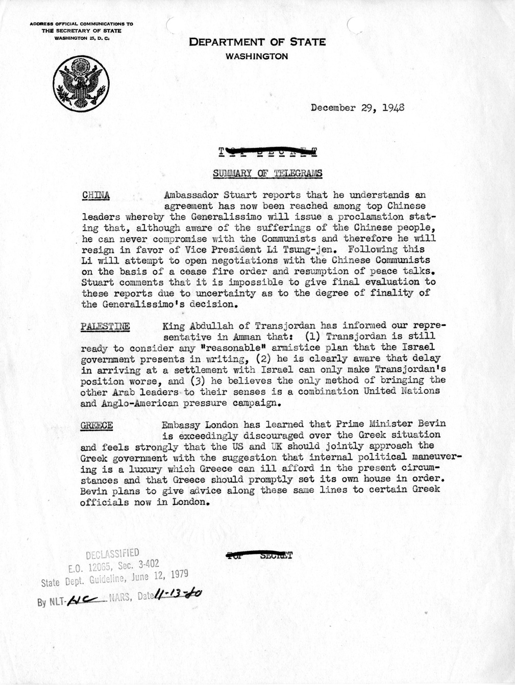 Memorandum, Department of State Summary of Telegrams