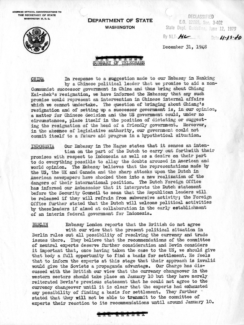 Memorandum, State Department Summary of Telegrams