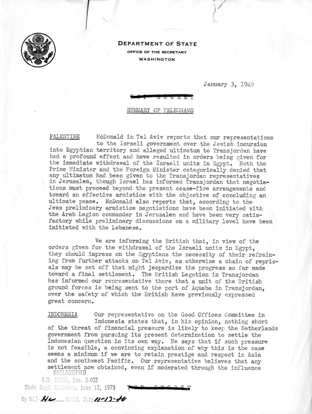 Memorandum, Department of State Summary of Telegrams