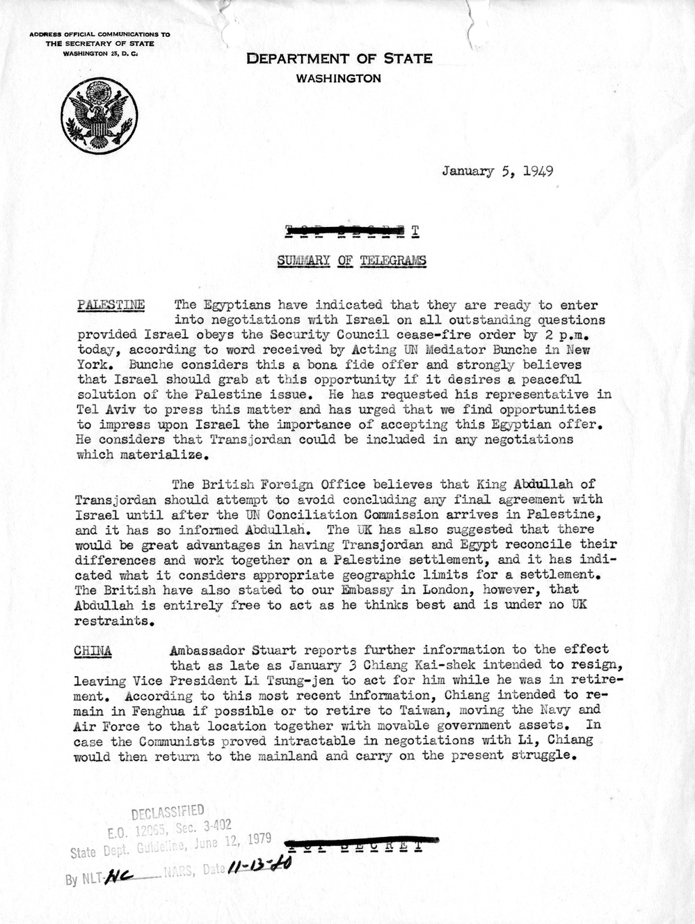 Memorandum, Department of State Summary of Telegrams
