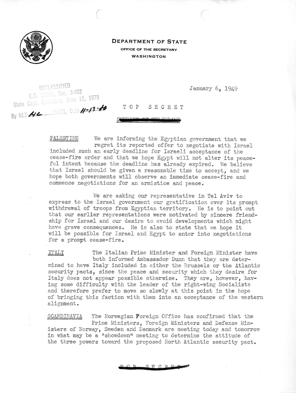 Memorandum, Department of State Summary of Telegrams