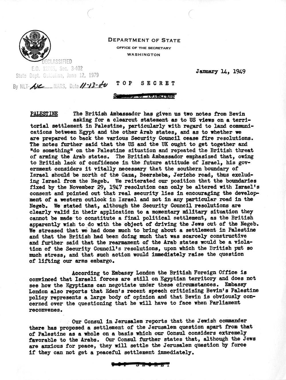 Memorandum, Department of State Summary of Telegrams