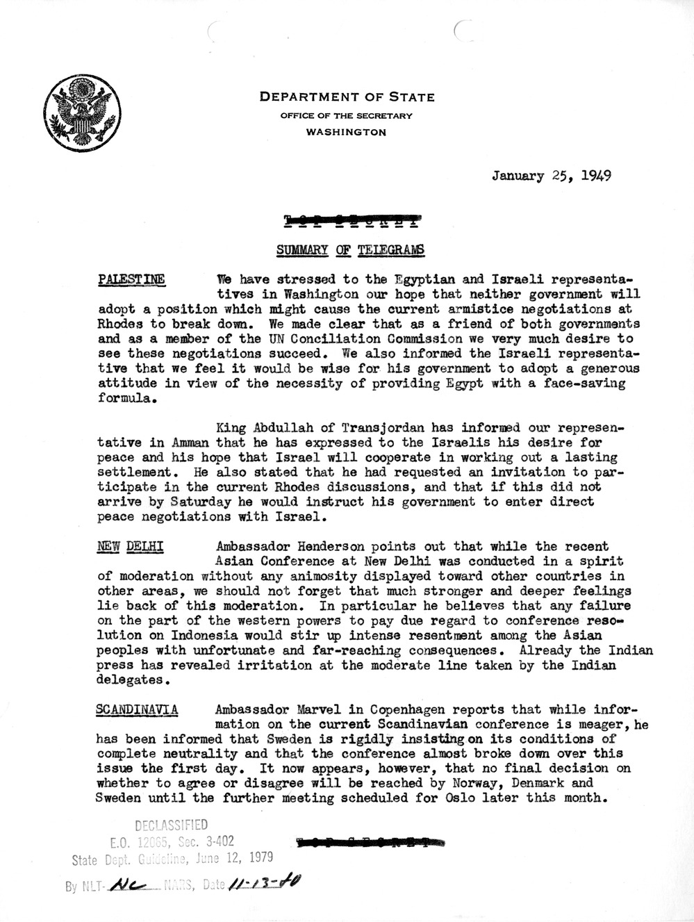 Memorandum, State Department Summary of Telegrams