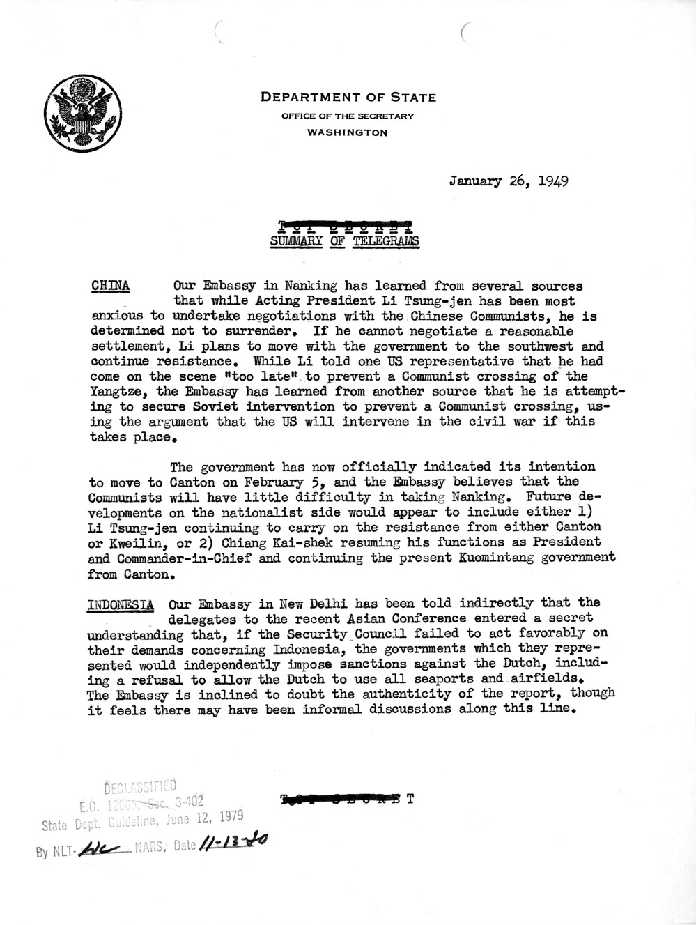 Memorandum, Department of State Summary of Telegrams
