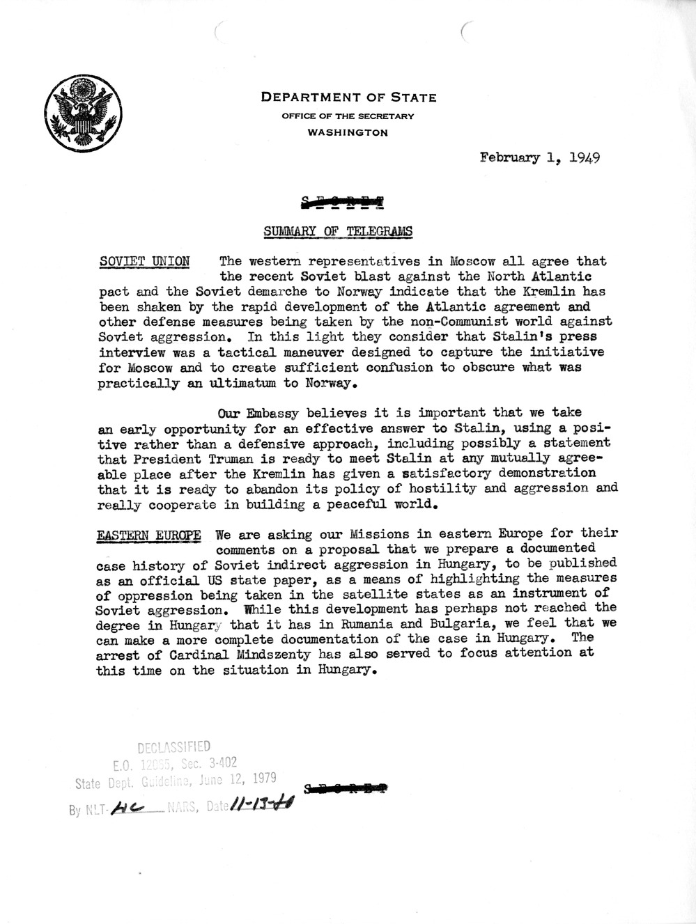 Memorandum, Department of State Summary of Telegrams