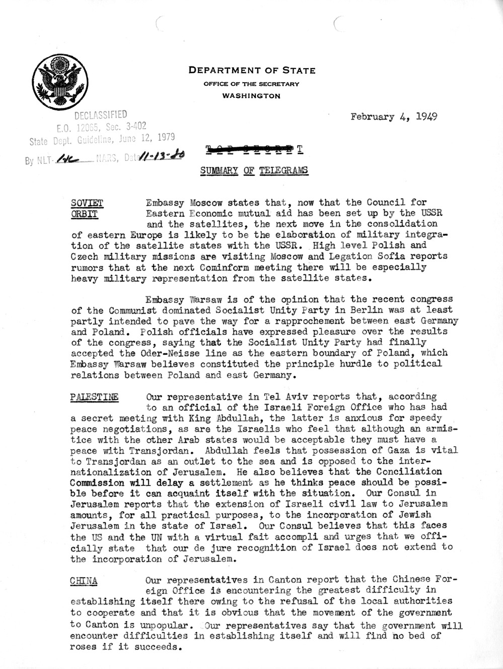 Memorandum, Department of State Summary of Telegrams