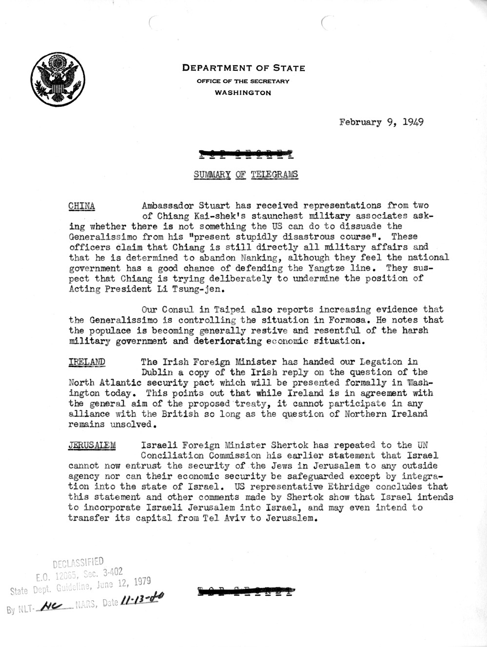 Memorandum, State Department Summary of Telegrams