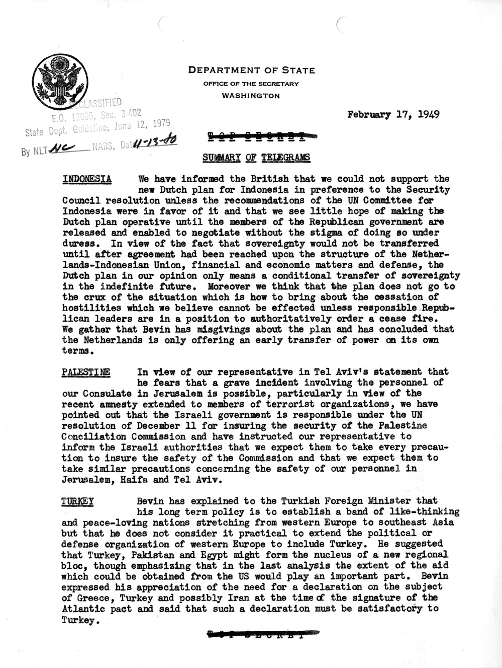 Memorandum, State Department Summary of Telegrams