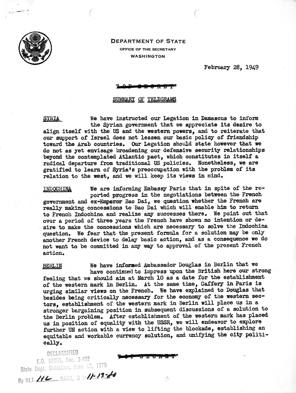 Memorandum, State Department Summary of Telegrams