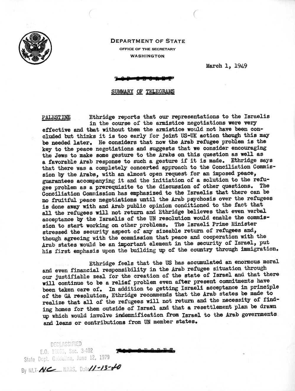 Memorandum, Department of State Summary of Telegrams