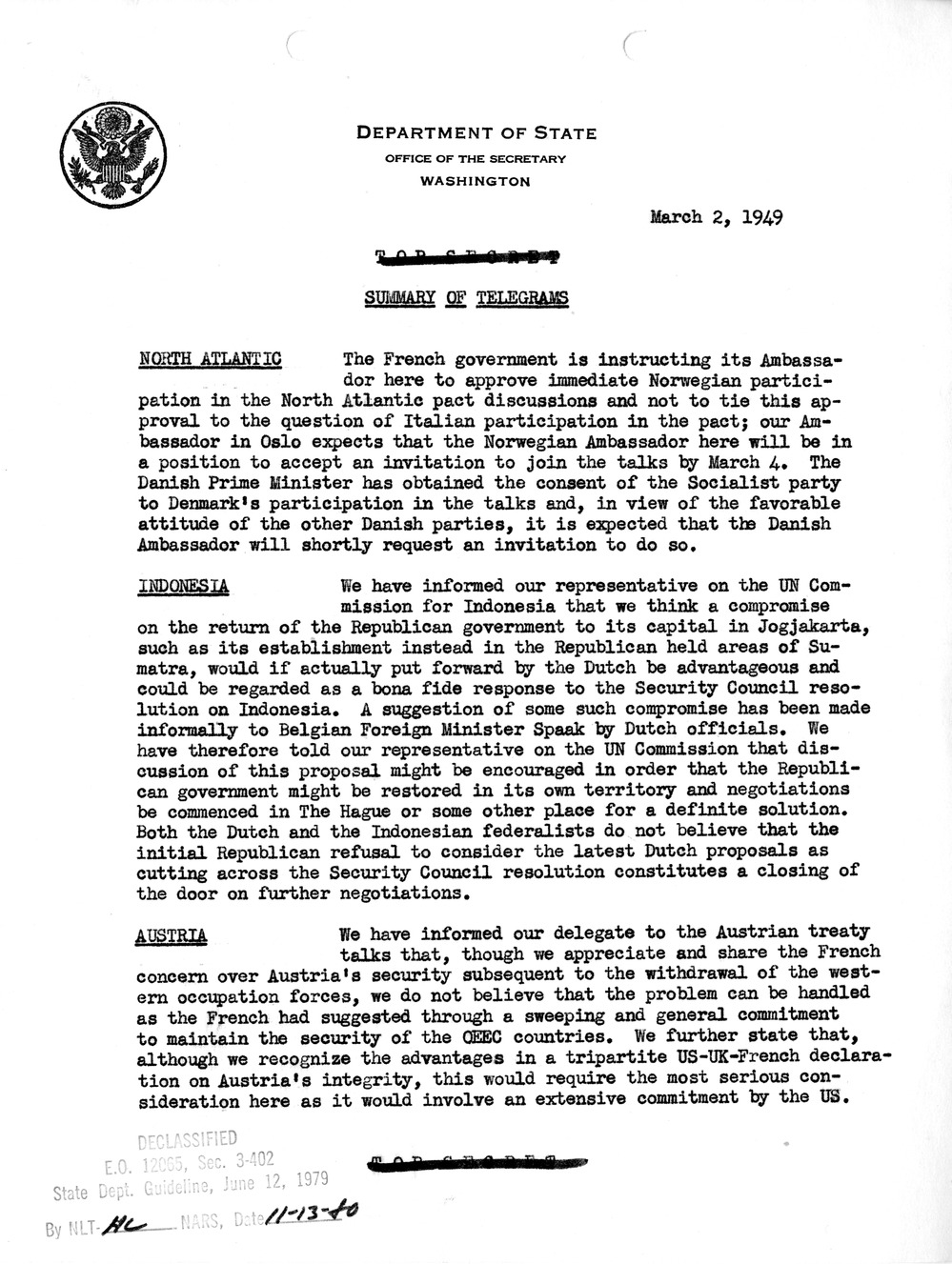 Memorandum, Department of State Summary of Telegrams