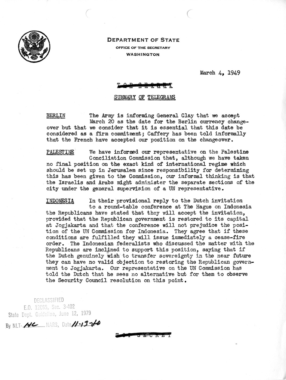 Memorandum, State Department Summary of Telegrams
