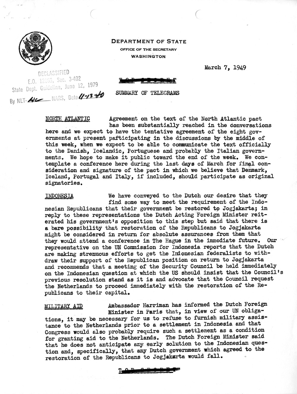 Memorandum, Department of State Summary of Telegrams
