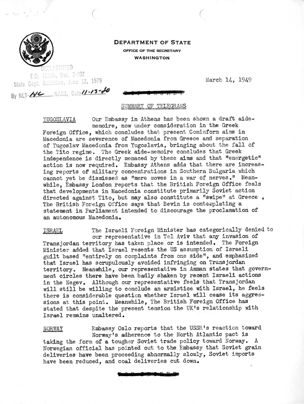 Memorandum, Department of State Summary of Telegrams