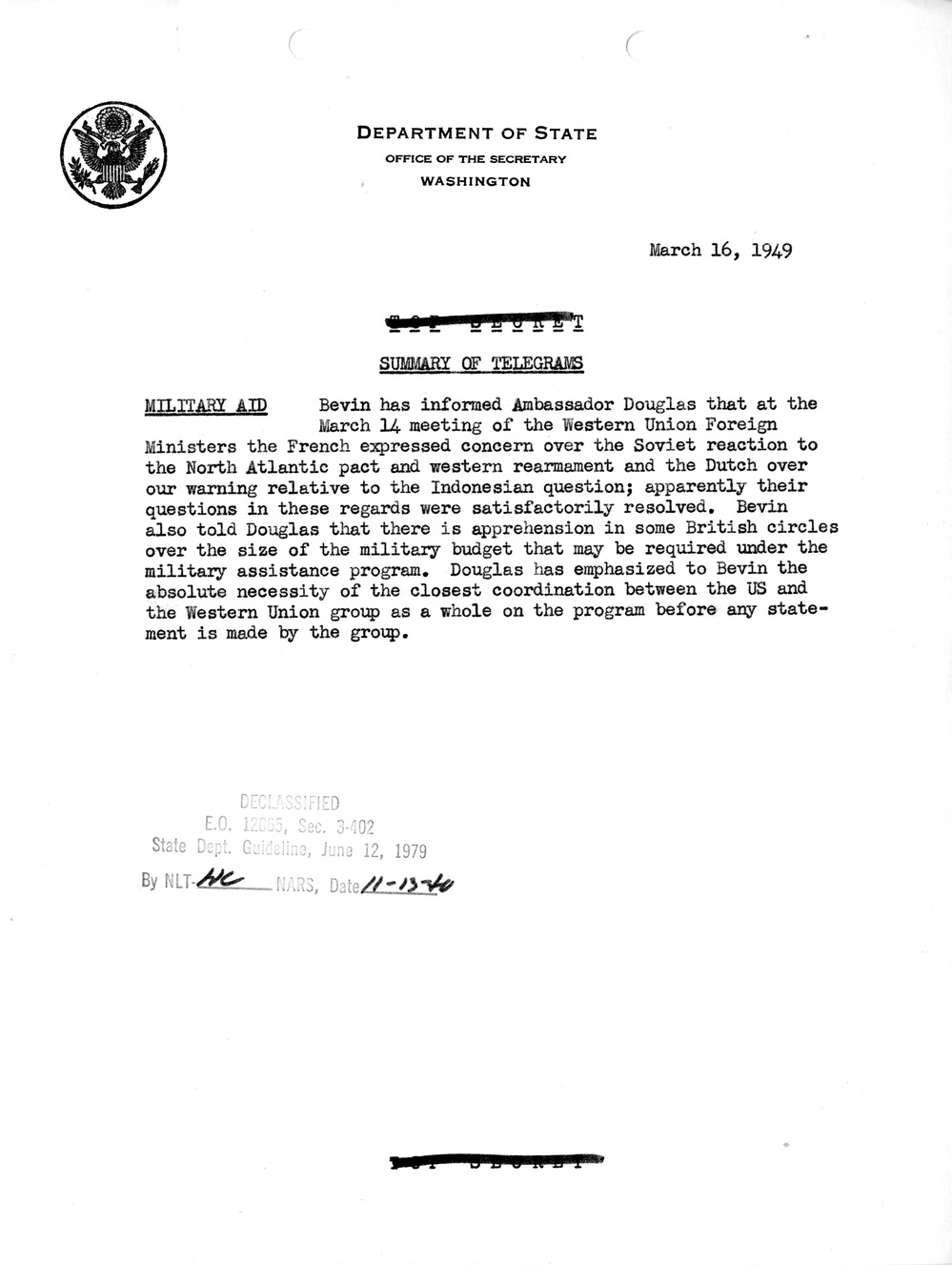 Memorandum, State Department Summary of Telegrams