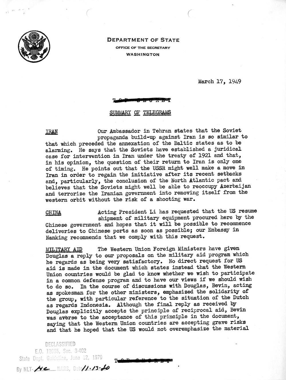 Memorandum, Department of State Summary of Telegrams